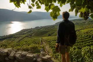 Hiker pausing by a dry-stone wall at the edge of a vineyard above Lake Bourget, softly lit in the morning, gazing toward the shimmering lake and terraced grapevines.