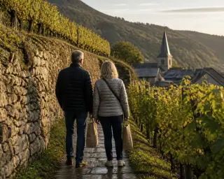 Couple walking through sunlit vineyards along a hillside path near Chignin, rustic village and vineyards in golden early evening light, captured candidly from behind.