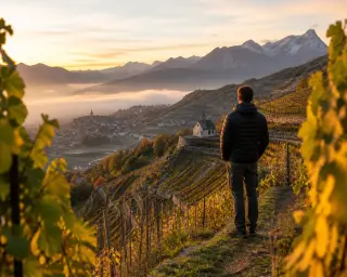 Lone hiker overlooking steep vineyard terraces, stone walls, and a chapel at sunrise in Haute-Savoie, with subtle autumn colors and a tranquil mountain village in the background.