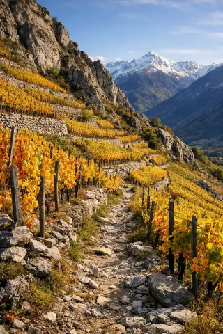 Terraced Mondeuse vineyards on a steep alpine slope near Arbin, with snow-covered peaks and rugged granite rocks in the background under warm autumn light.