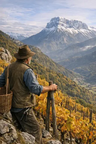 Mountain winemaker stands in steep terraced vineyard with snow-capped Mont Granier in the background under autumn sun.
