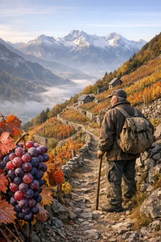 Steep terraced Mondeuse vineyards on granite slopes in the Bauges with a solitary vigneron and Alpine peaks in autumn light.