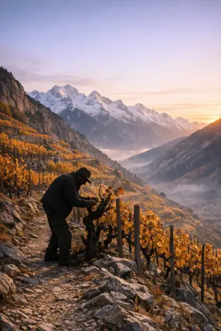 Terraced Jura savoyard vineyards on steep granite slopes at dawn, lone vigneron tending vines, snowy Alps in the background, warm autumn light.