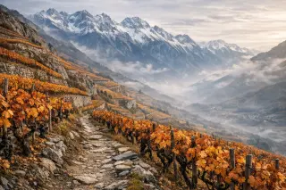Steep terraced vines in autumn colors on a mountainside above the Combe de Savoie, rugged snow-capped Alps in the distance and a winding trail among the rows.