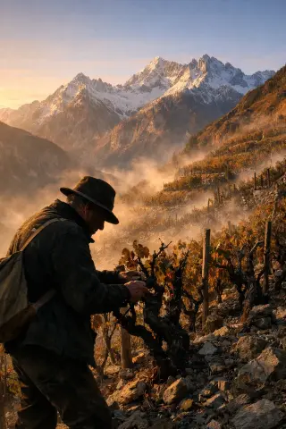 Mountain vigneron tending steep terraced vines at dawn with snow-capped peaks in the background and soft autumn light.