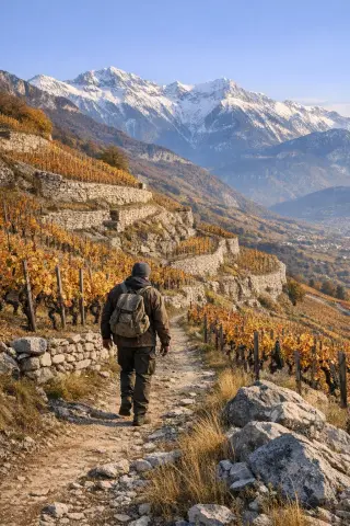 Alpine vineyard terraces near Chignin with a solitary winegrower walking between steep rows, snow-capped mountains in the background, under golden autumn light.