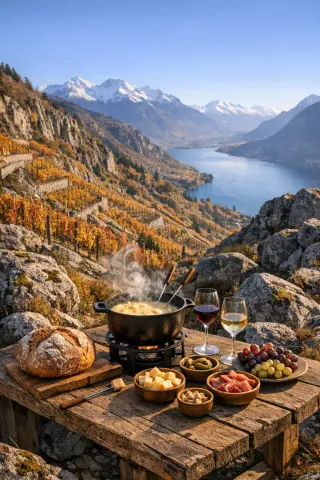 Autumn alpine vineyard with steep terraced rows, rustic tasting table with fondue, overlooking snow-capped mountains and blue alpine lake
