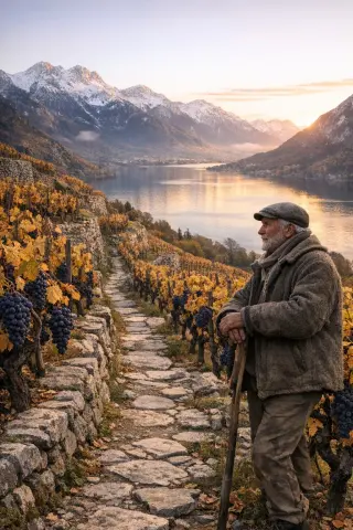 Steep terraced vineyard above Lake Annecy at sunrise, mountain vigneron standing among rows of Mondeuse vines with snow-capped peaks in the distance.