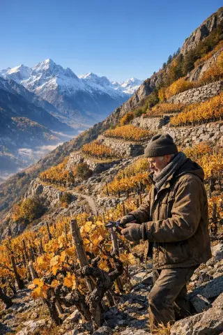 Steep alpine terraced vineyard in Savoie with golden autumn vines, snowy peaks in the background, and a lone vigneron tending the mountain vineyard under crisp morning light.