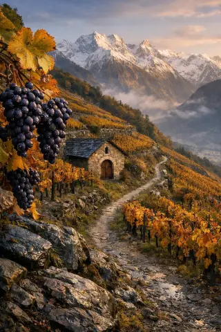 Terraced Alpine vineyards in autumn with mondeuse grapes, snow-capped peaks and evening light over the Combe de Savoie.
