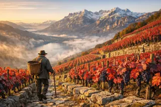 Mountain vintner walking in steep terraced vineyard at dawn with autumnal mondeuse vines, Lake Bourget and snowy Alpine peaks in the background under natural golden light.