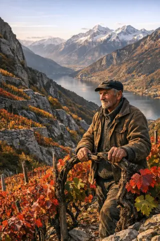 Savoy vineyard terraces on a steep mountain slope with snowy peaks in the distance, a solitary vintner tending vines in autumn light, hints of Lac d’Annecy below, authentic alpine landscape