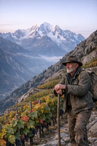 Vigneron de montagne debout dans des vignes en terrasses escarpées, lumière matinale douce, sommets enneigés du Mont Blanc en arrière-plan.