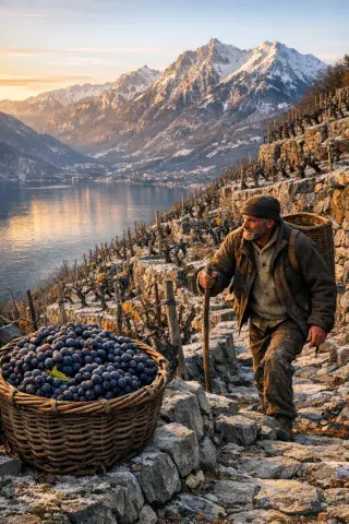 Vigneron climbing steep stone terraces above Lake Bourget, with frosty vines, basket of dark mondeuse grapes, and snowy alpine peaks in the distance