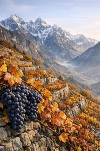 Terraced Savoie vineyard in autumn with ripe dark mondeuse grapes, golden leaves, and snow-covered Alps in the background
