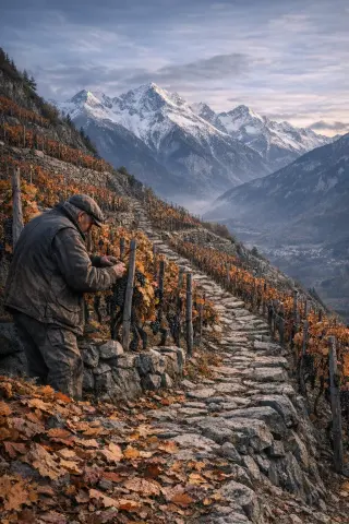 Steep terraced vineyard in autumn with rugged alpine mountains in the background and a single vigneron tending to Mondeuse vines.