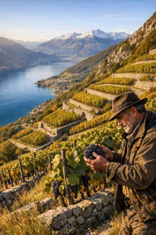 alpine vineyards on steep terraces above Lac du Bourget with a vigneron inspecting mondeuse grapes, snow-capped peaks in the background