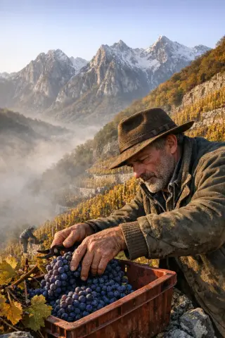 Vigneron harvesting mondeuse grapes on steep alpine terraces at sunrise with snowy peaks in background, golden light and cool mountain atmosphere.